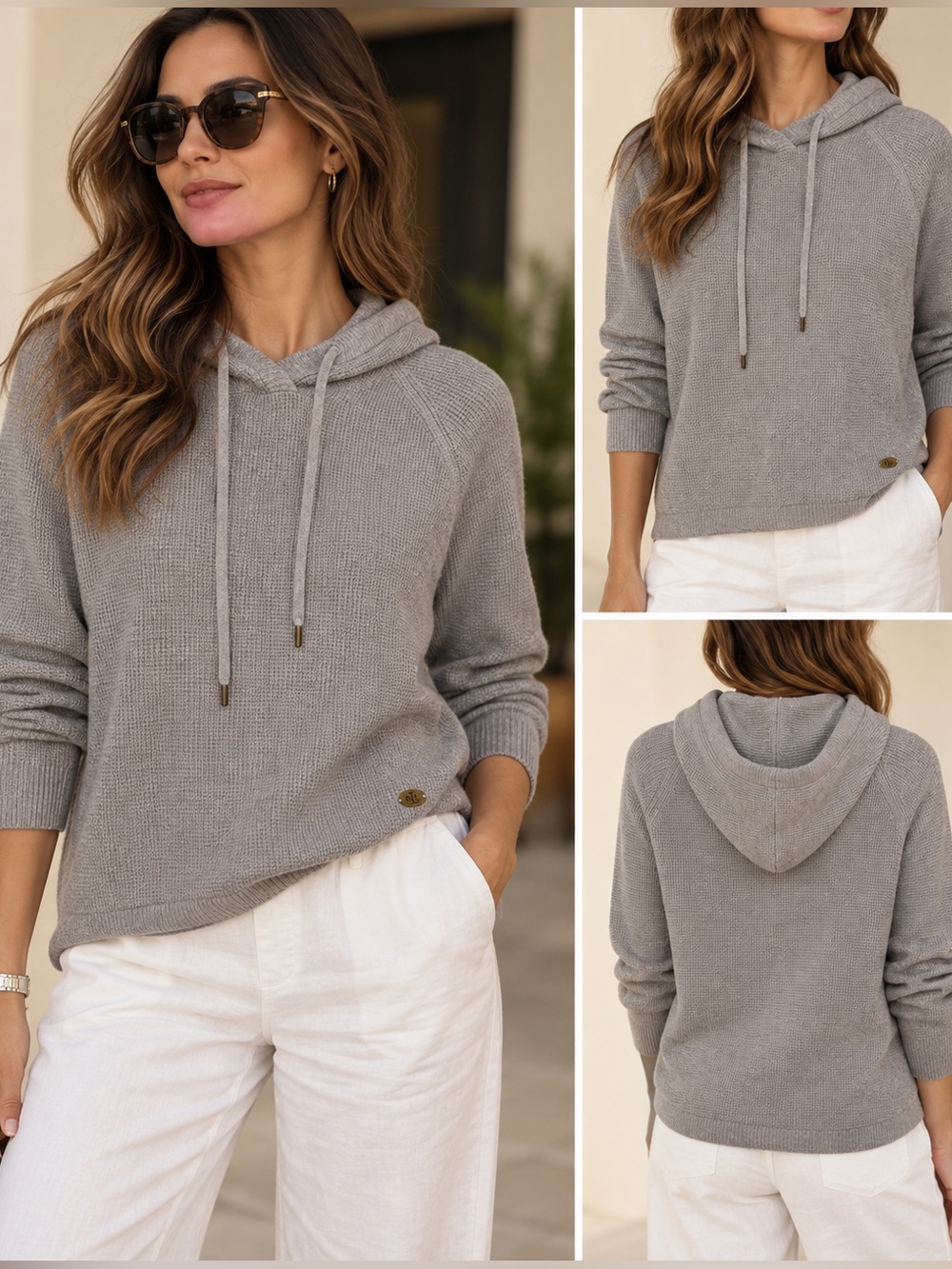 Lauren Ralph Lauren Gray 100% Cotton Waffle Knit Hooded Sweater M